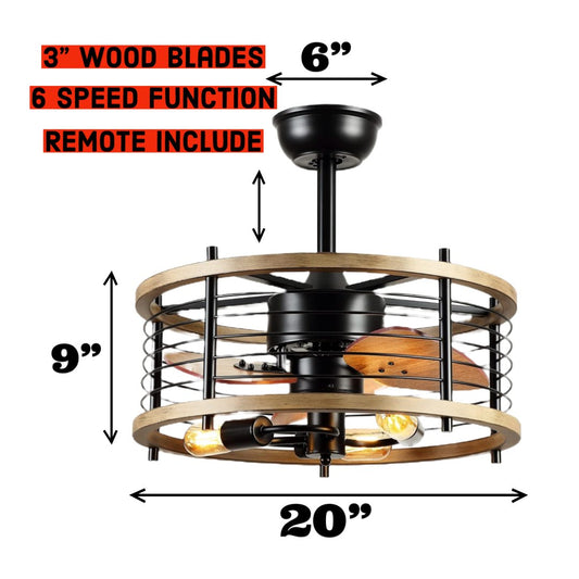 Caged Ceiling Fan With Lights, Remote Controlled, 20” Rustic Farmhouse Fandelier for Bedroom, Dining Room, Living Room, Office - 2Much Liquidators